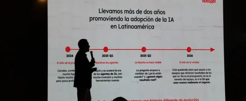 Fotografía de Ricardo Urrea en su presentación sobre el uso de IA en México según un estudio de HubSpot 