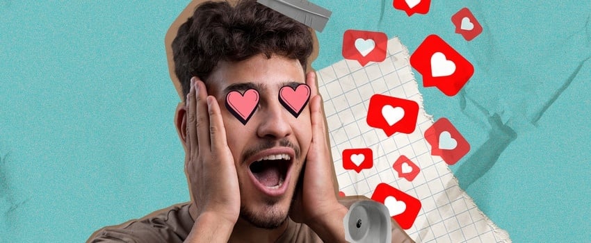 Joven enamorado del contenido de valor y reacciones de redes sociales por una estrategia de content marketing