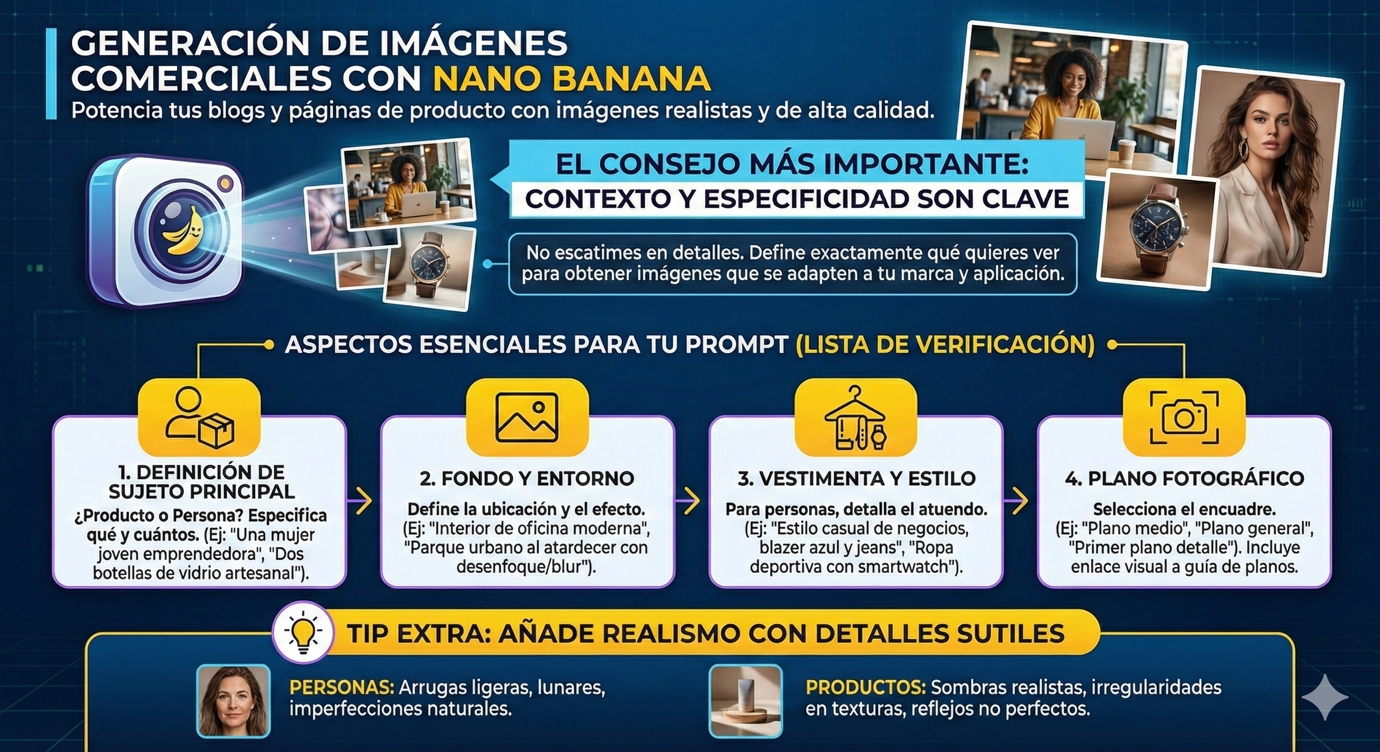 Infografía con propuesta de proceso de generación de imágenes comerciales con Nano Banana. Incluye los aspectos esenciales para generar un prompt para generación automatizada de imágenes en dicho modelo de Google: 1) Definición de sujeto principal, 2) fondo y entorno, 3) vestimenta y estilo, 4) plano fotográfico, así como un tip extra de agregar realismo a través de detalles sutiles