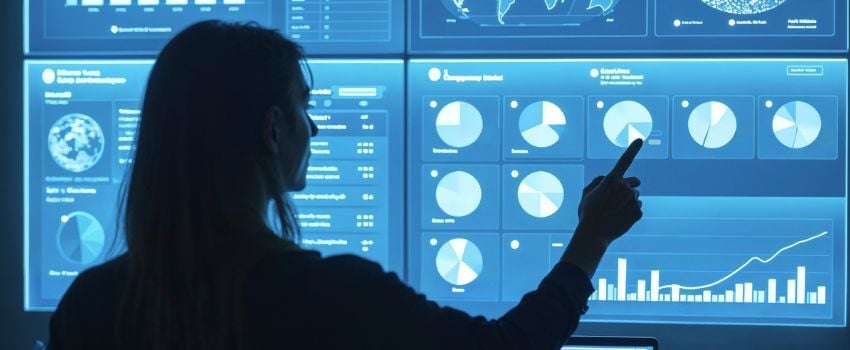 Persona manipulando información en una pantalla táctil, siguiendo pasos para realizar integración de datos en su empresa