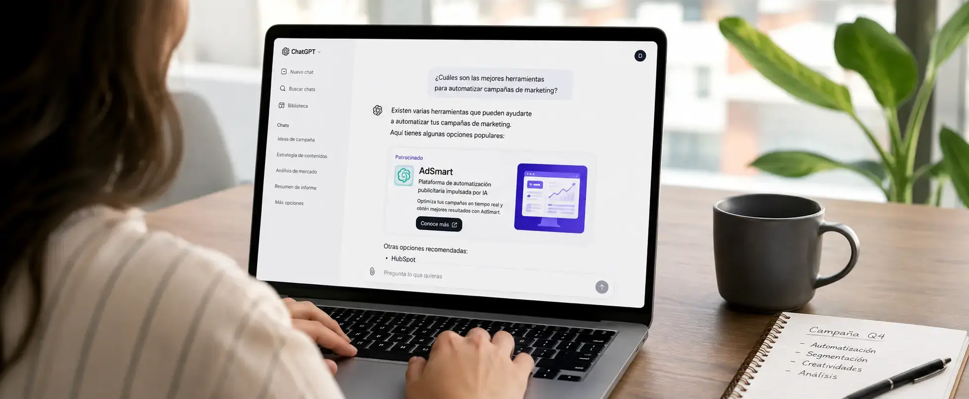 Persona usando ChatGPT en una laptop con un anuncio patrocinado de OpenAI Ads en la conversación.