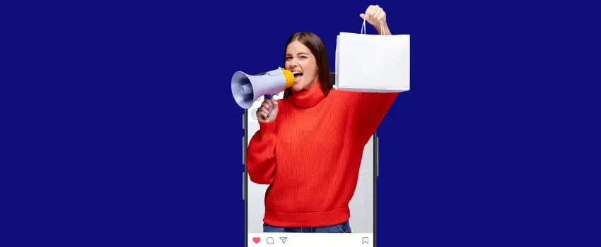 Mujer en la pantalla de un celular con megáfono y bolsa de compras, ideal para promocionar ofertas y estrategias de marketing del Buen Fin.
