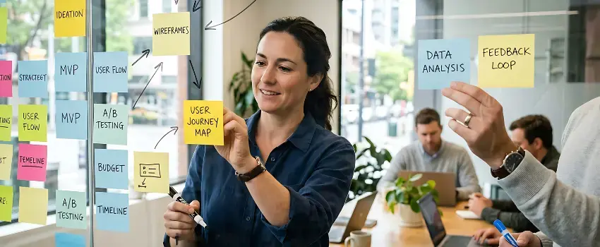 Profesional aplicando habilidades clave de marketing digital como análisis de datos, A/B testing y mapa del viaje del usuario en un muro de planeación estratégica.