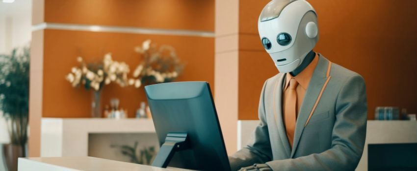 Hubspot Costumer Agent representado con un agente de IA robot sentado frente a una computadora ayudando en atención al cliente