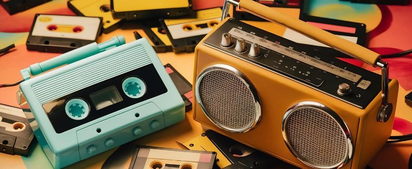Grabadora, casette y otros elementos que remontan al marketing de la nostalgia como estrategia para conectar emocionalmente con las audiencias