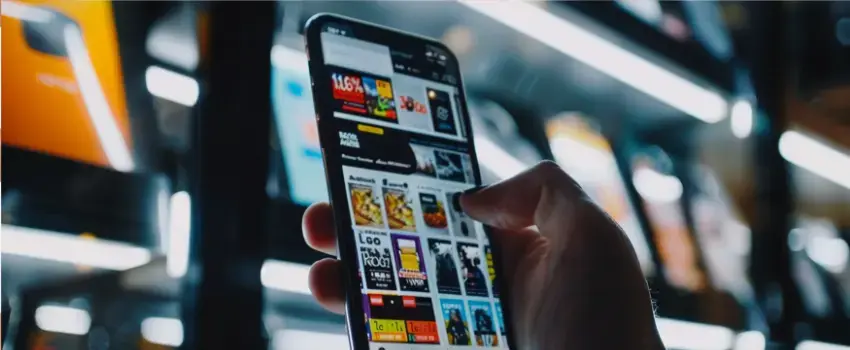 Mano de un usuario sujeta un teléfono inteligente con múltiples anuncios en la pantalla, como representación visual del uso de plataformas de publicidad digital.